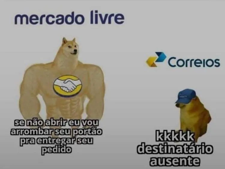 Meme de destinatário ausente na entrega do Mercado Livre, com Doge musculoso e cachorro de boné.