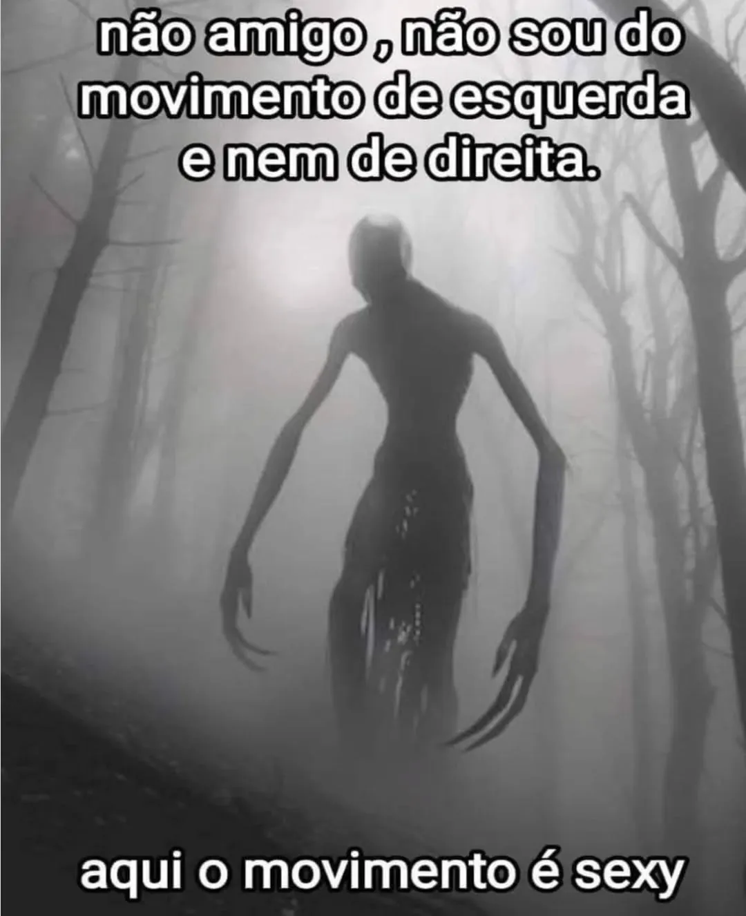 meme de figura sombria em floresta com texto sobre movimento sexy, nem esquerda nem direita