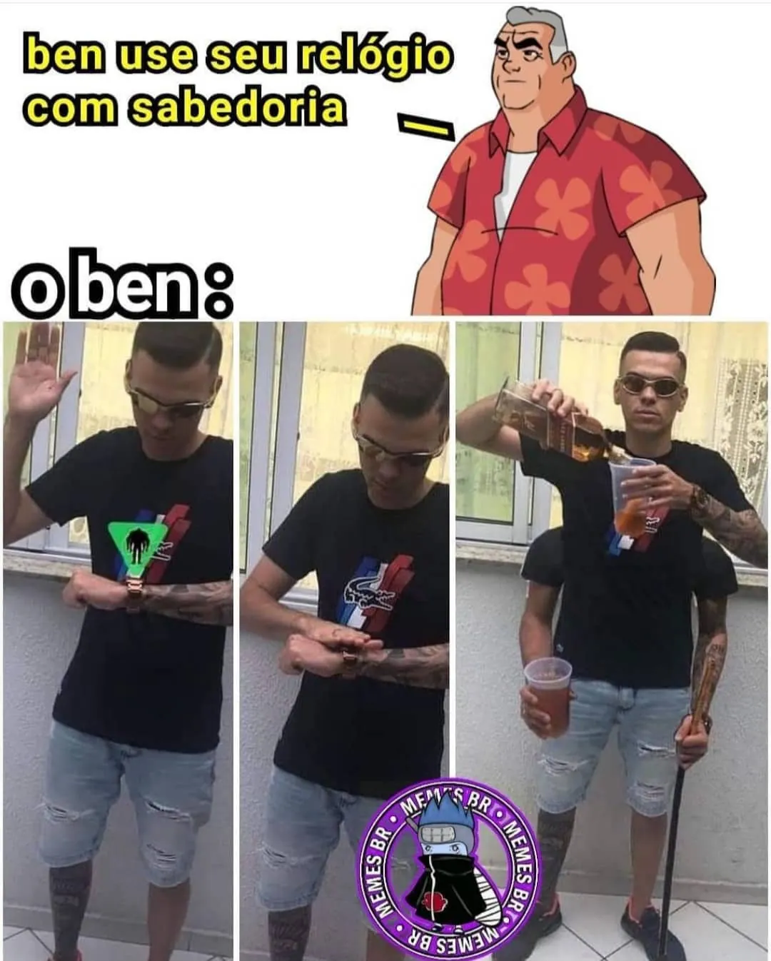 Meme de homem usando o relógio como abridor de garrafa e depois servindo bebida em um copo