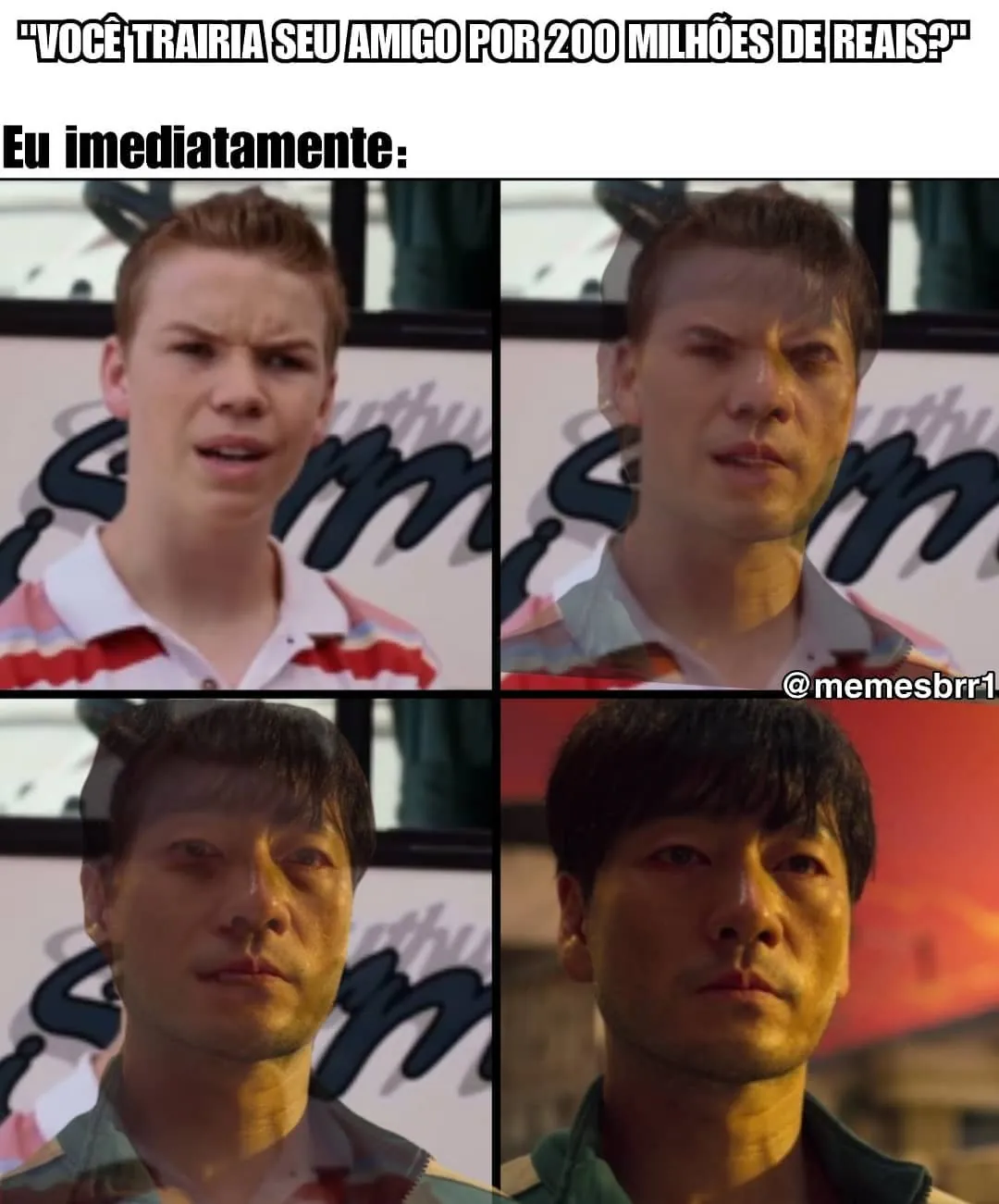 Meme de trair amigo por 200 milhões de reais mostra um rosto se transformando em quatro etapas.