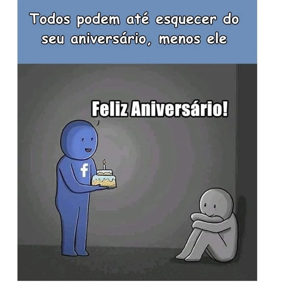 Meme de amigo que não esquece aniversário: figura azul leva bolo a uma pessoa solitária.