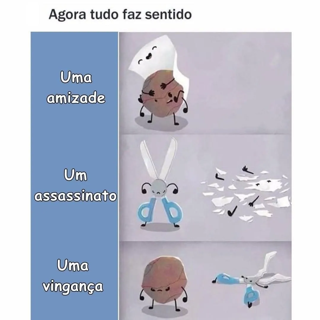 Meme de amizade que vira assassinato e vingança em três cenas com personagens desenhados.