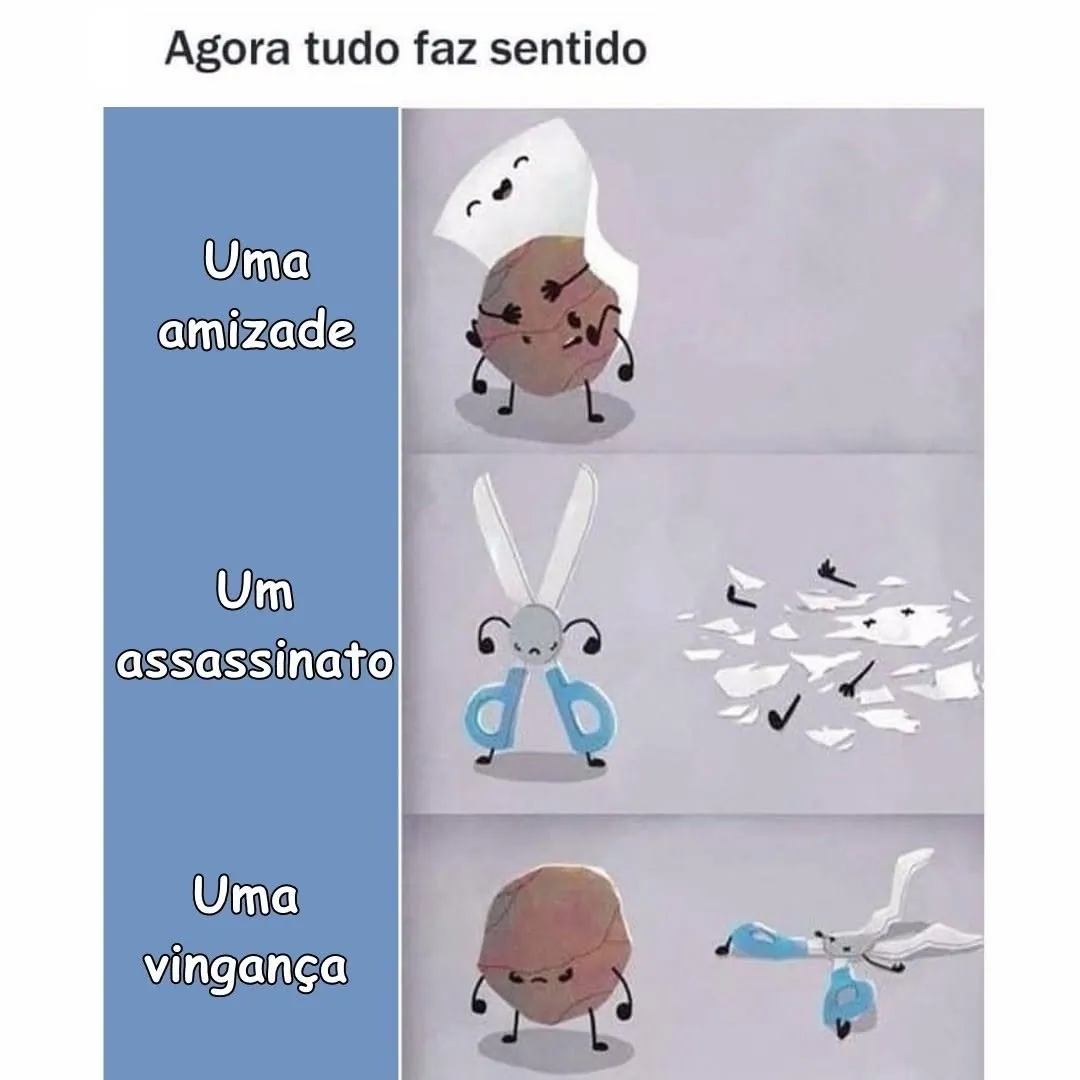 Meme de amizade que termina em vingança, com objetos animados, uma tesoura destruída e um personagem sério.
