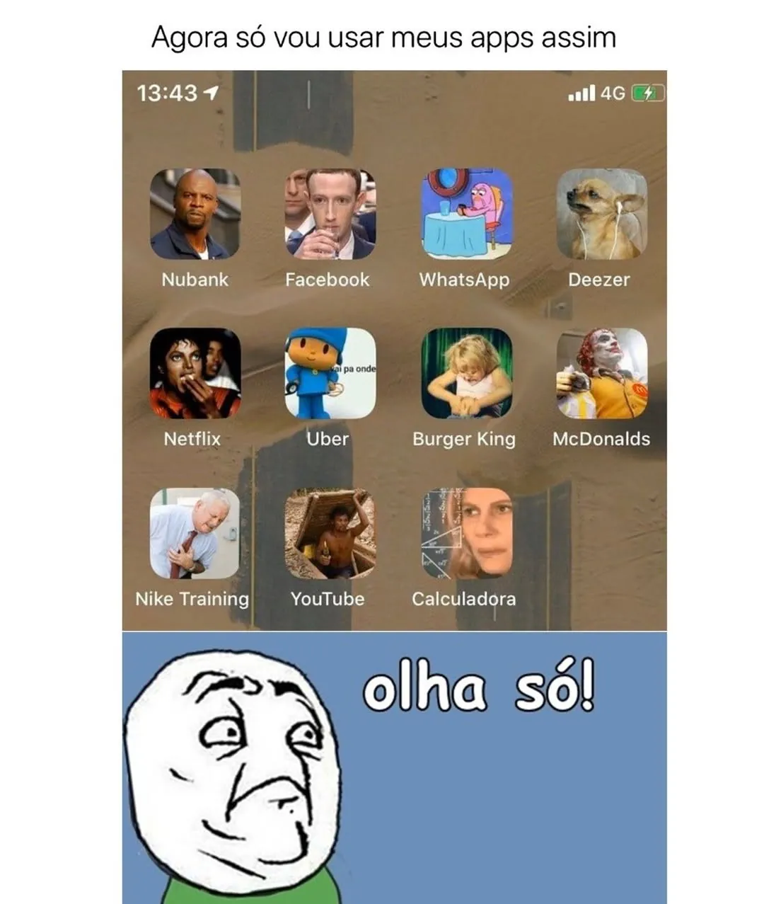 Meme de apps organizados com ícones de memes, incluindo figuras engraçadas no lugar dos ícones originais.