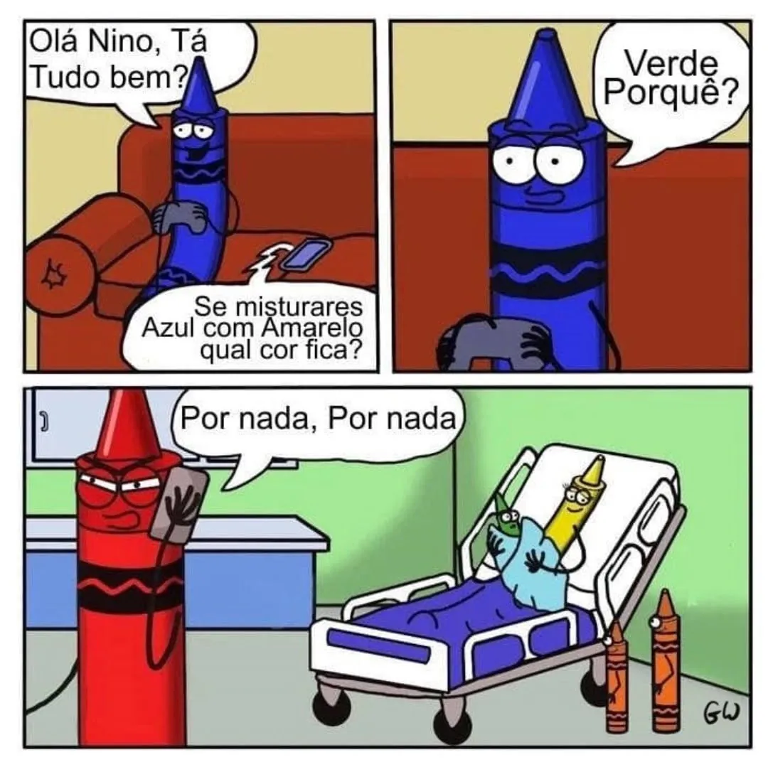 Meme de personagens lápis discutindo se azul com amarelo fica verde e terminando em um hospital