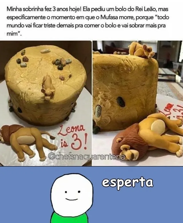 meme de bolo do Rei Leão com Mufasa morrendo e a palavra esperta na parte de baixo