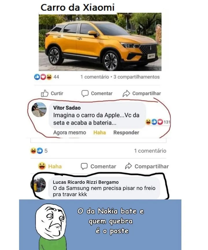 Meme de carro da Xiaomi com comentários sobre bateria, travar e resistência da Nokia.