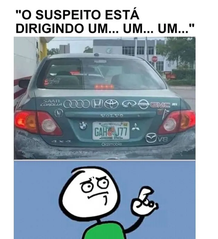 Meme de carro com logos de várias marcas e personagem confuso apontando o dedo