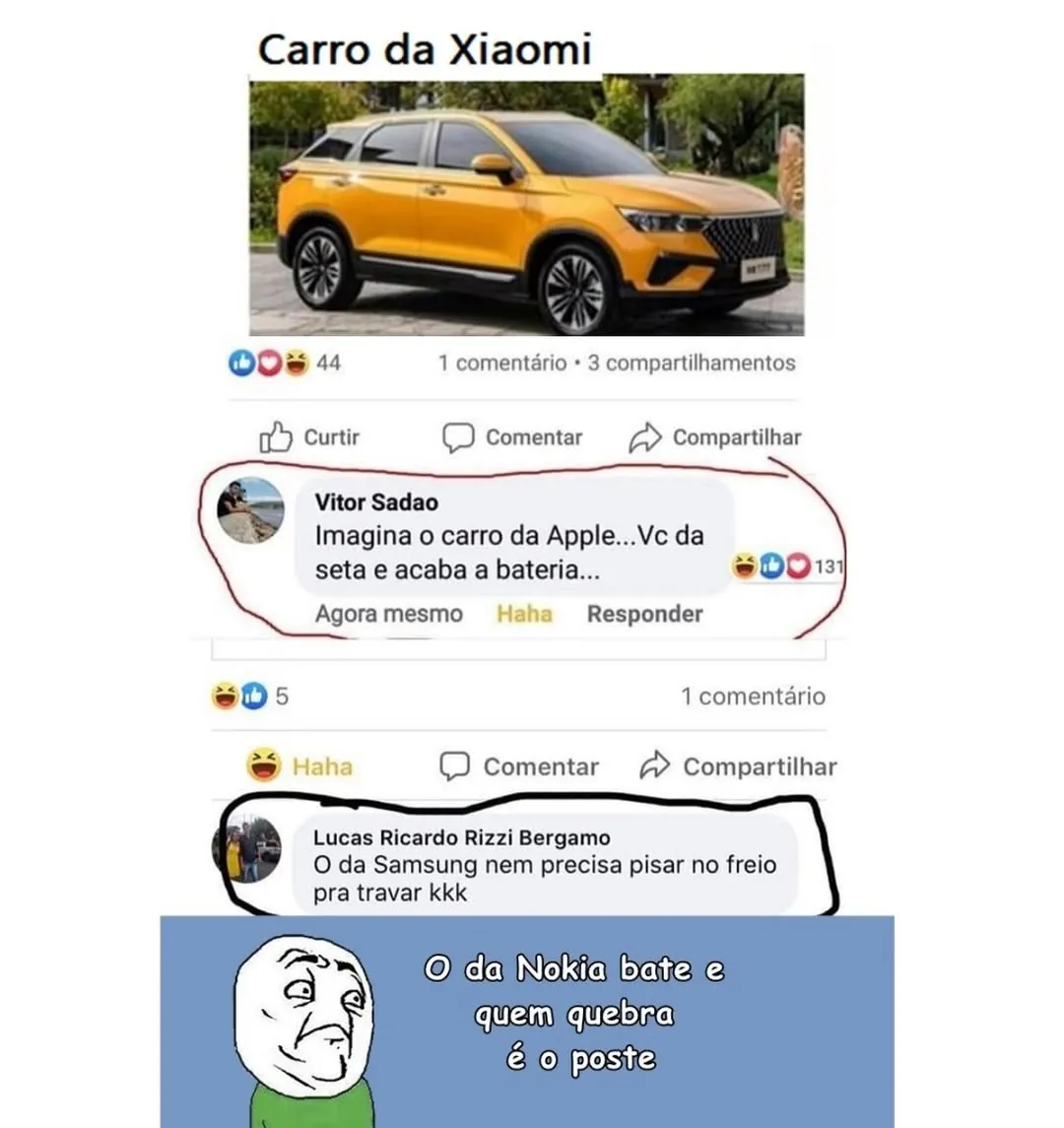 Meme do carro da Xiaomi com comentários sobre carros da Apple, Samsung e Nokia.