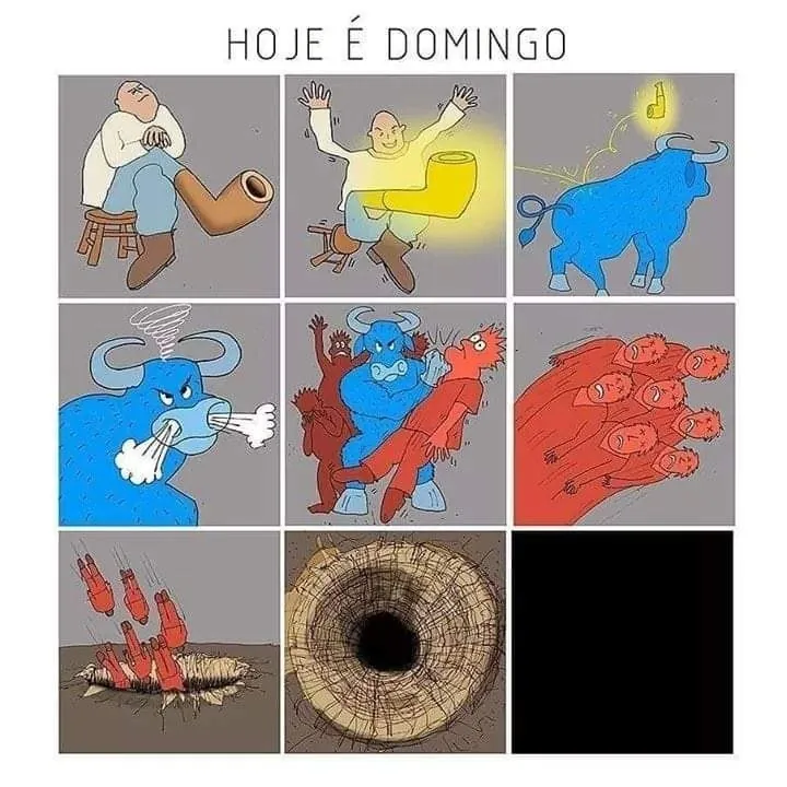 Meme de domingo tranquilo que termina no caos, com cenas de touro, explosões e um buraco negro