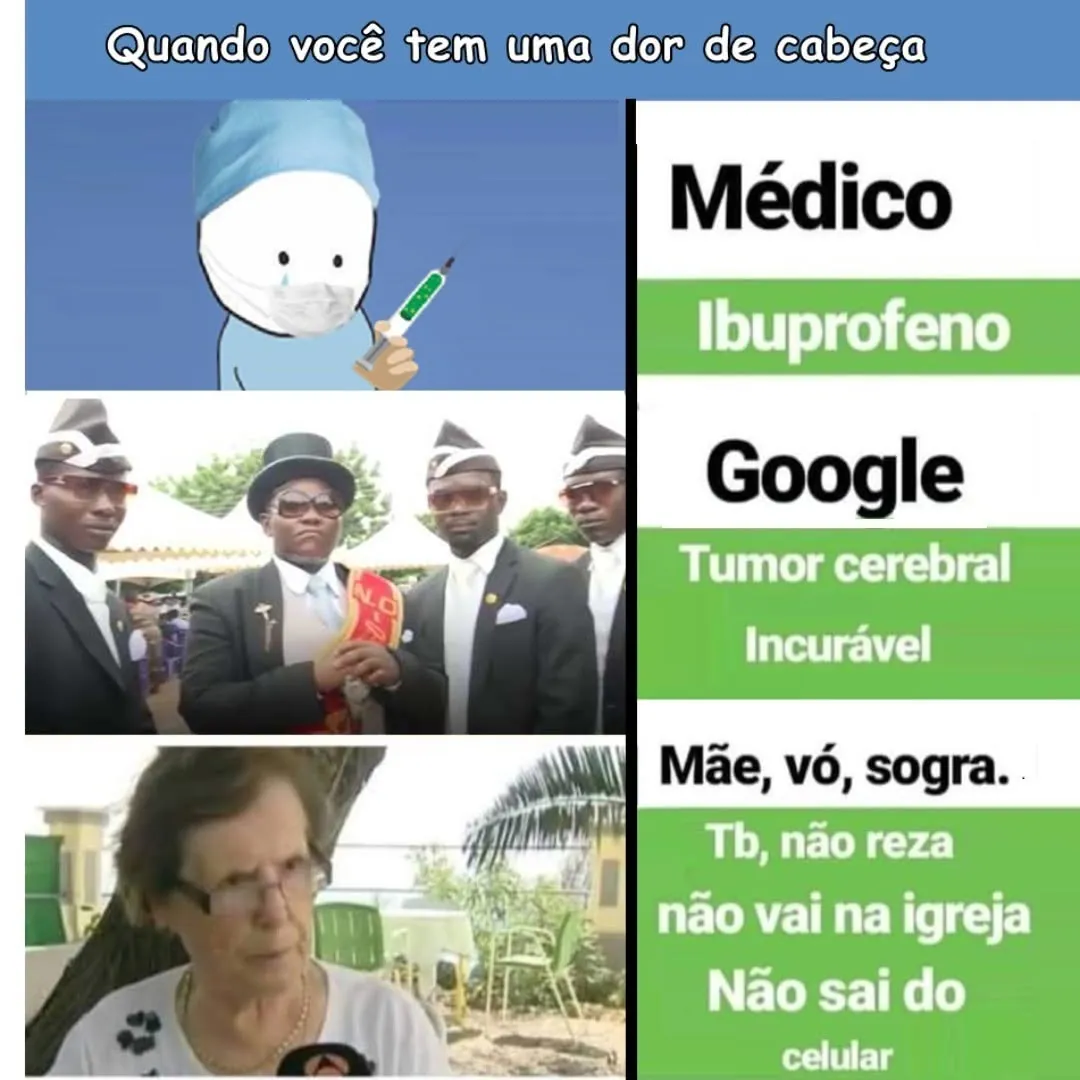 Meme de dor de cabeça: médico indica ibuprofeno, mas o Google aponta tumor cerebral incurável.
