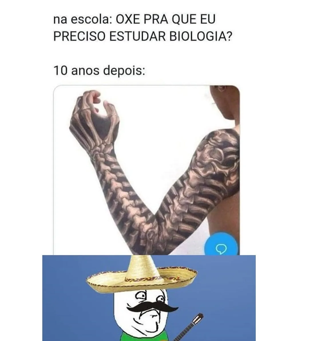 meme de estudar biologia e virar esqueleto, com braço em forma de ossos e texto no topo