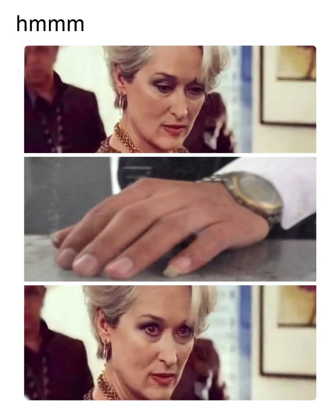Meme de uma mulher olhando para uma mão suspeita sobre a mesa e reagindo com desconfiança