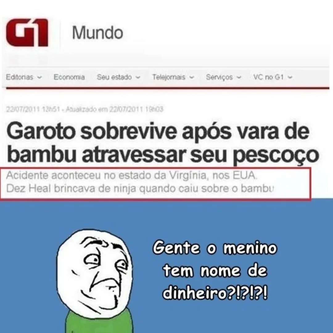 Meme de menino que sobrevive após vara de bambu atravessar o pescoço e comentário sobre seu nome