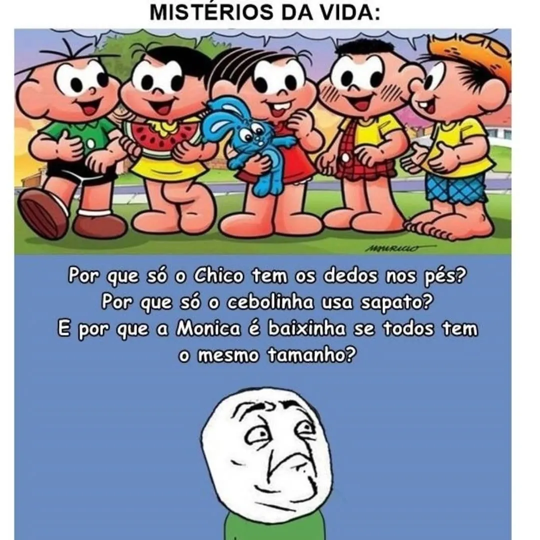 Meme de por que a Mônica é baixinha, com personagens da Turma da Mônica e perguntas sobre seus pés e sapatos.