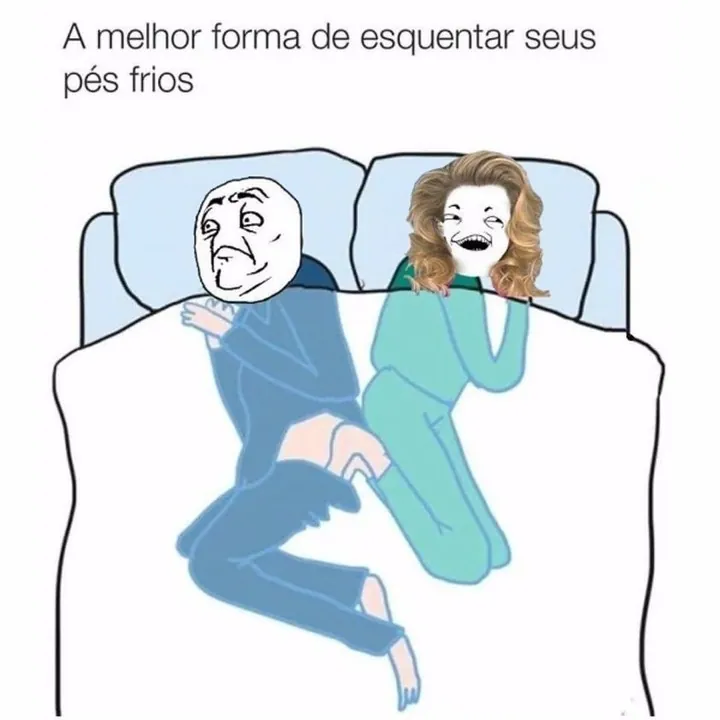 meme de casal na cama com a legenda esquentar pés frios, dois personagens deitados abraçados sob o cobertor