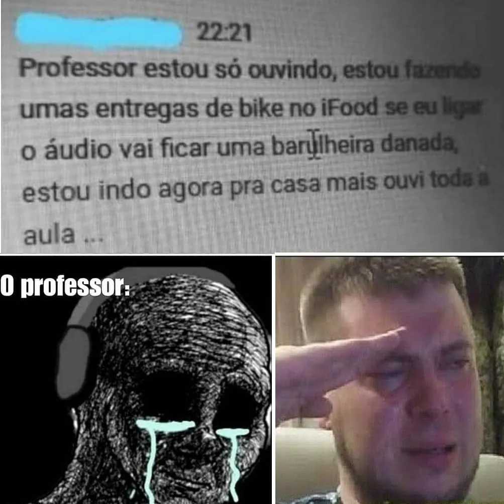 Meme de professor fazendo entrega de bike durante aula, com mensagem de aluno e reação emocionada