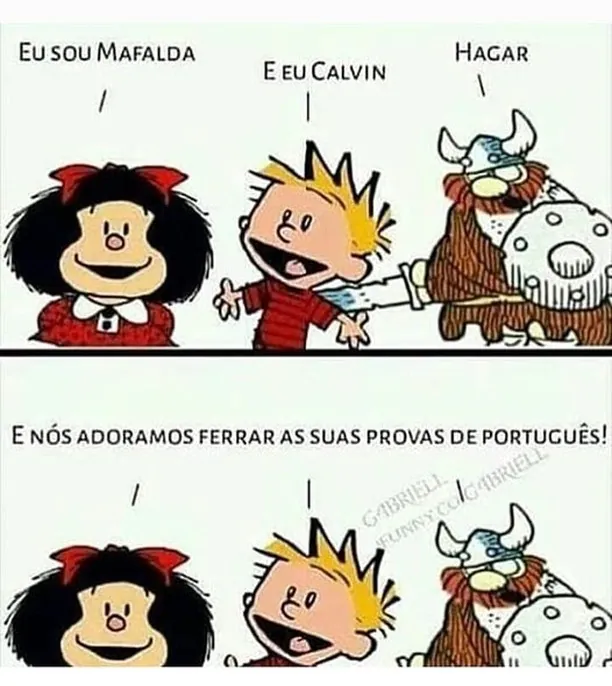meme de provas de português com Mafalda, Calvin e Hagar em tirinha dividida em duas cenas