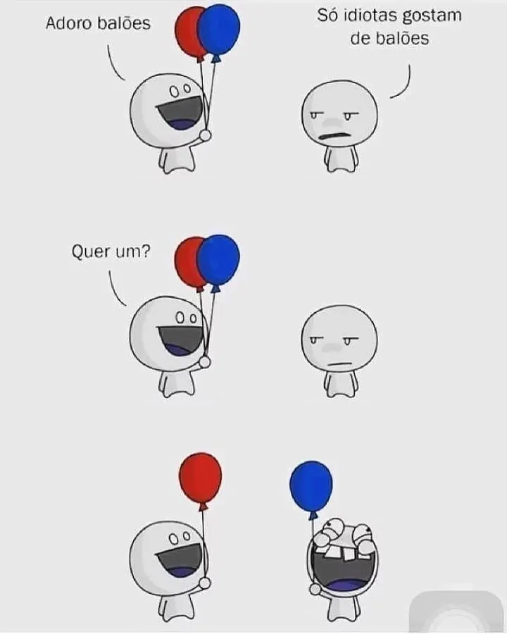 Meme de personagem oferecendo balões a alguém que dizia odiá-los, mas acaba segurando um.