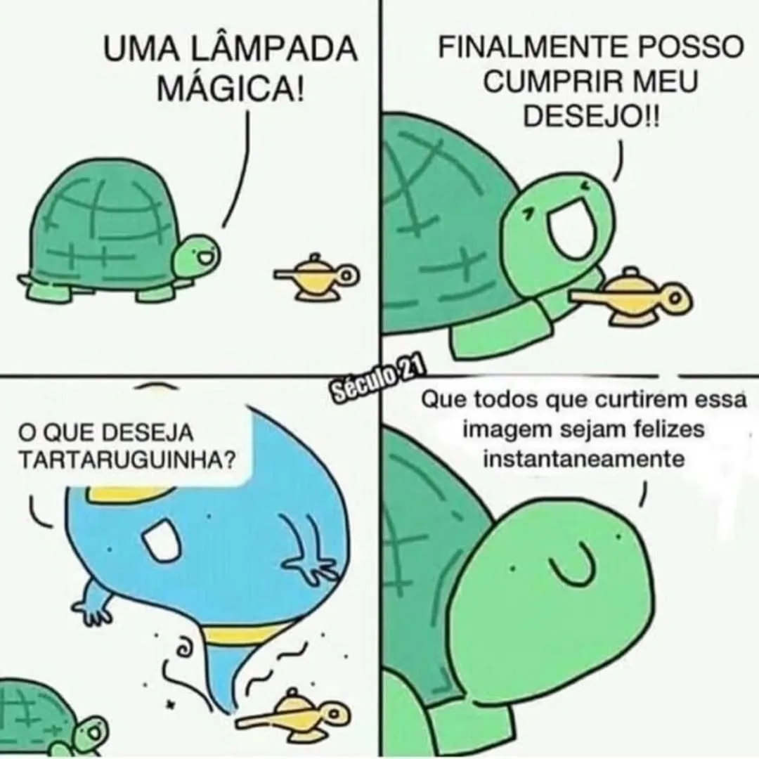 Meme de tartaruga usando lâmpada mágica e desejando felicidade para quem curtir a imagem