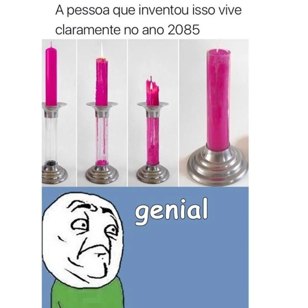 meme de vela rosa derretendo em quatro etapas sobre castiçal metálico, com texto e rosto de aprovação