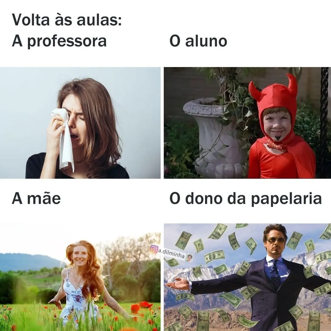 Meme de volta às aulas com professora chorando, aluno fantasiado de diabo, mãe feliz e papelaria lucrando