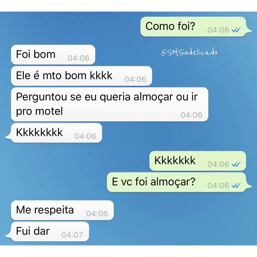meme de conversa no whatsapp sobre almoçar ou ir pro motel, com mensagens em balões azuis e brancos