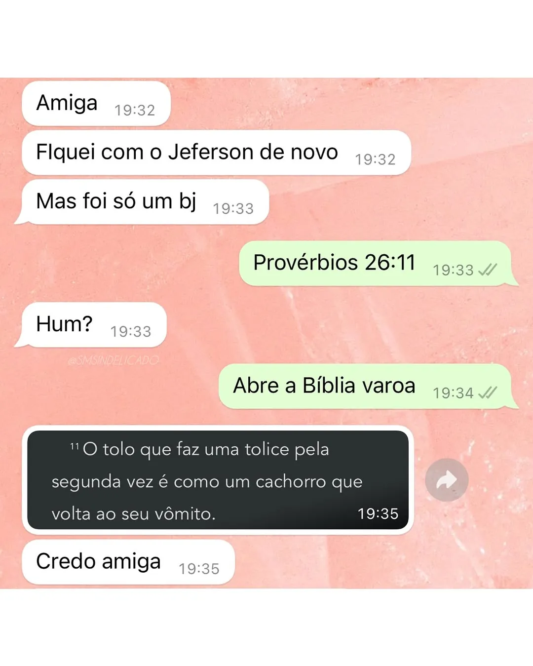 Meme de amiga fica com ex de novo e recebe resposta com Provérbios 26:11 no WhatsApp