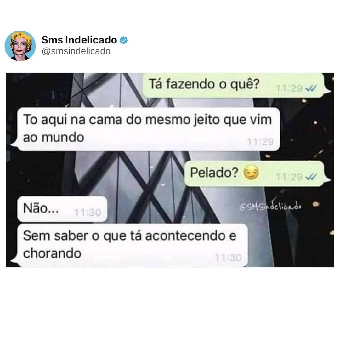 Meme de conversa mostra pessoa na cama sem saber o que está acontecendo e chorando.