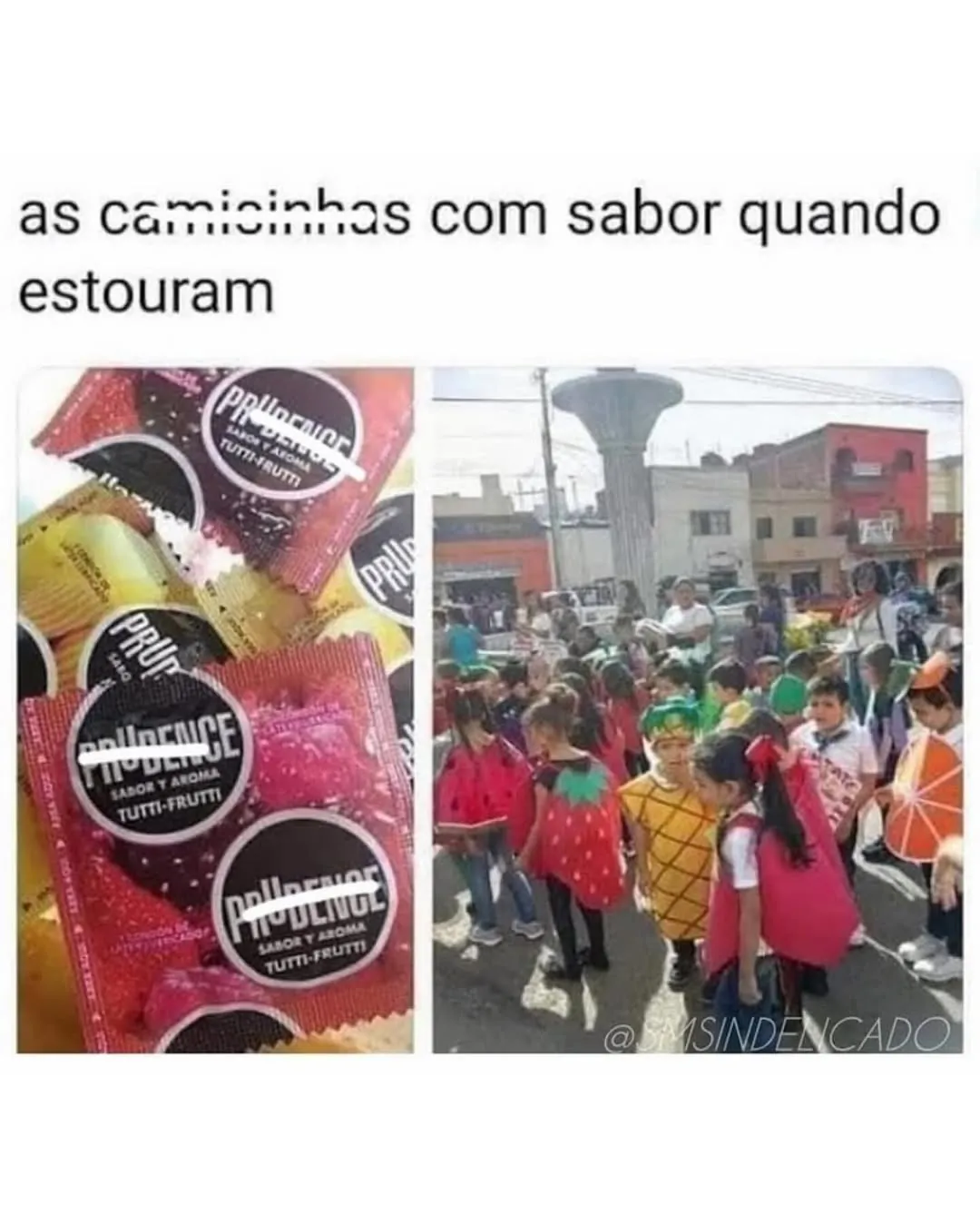 Meme de camisinhas com sabor quando estouram ao lado de uma multidão de crianças fantasiadas na rua.