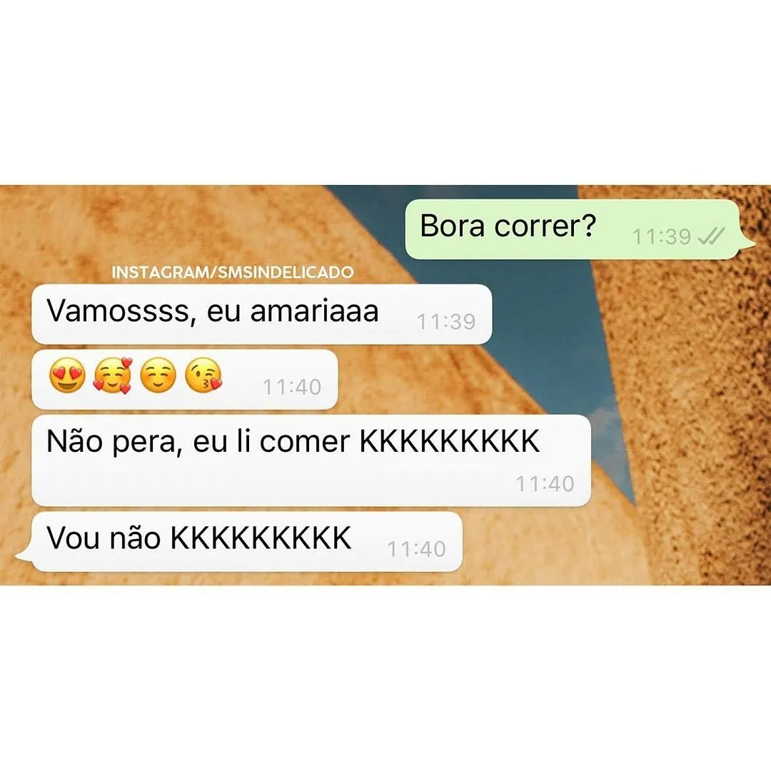 meme de conversa no whatsapp com convite para correr e resposta confundindo correr com comer