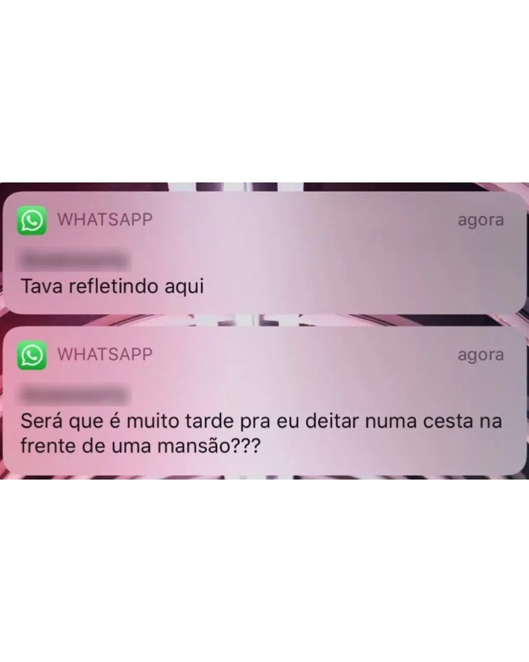 Meme de notificações do WhatsApp sobre deitar em cesta na frente de uma mansão.