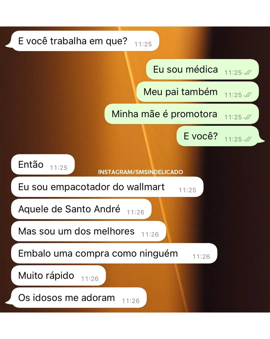 Meme de conversa sobre profissões com empacotador do Walmart em Santo André se gabando do trabalho