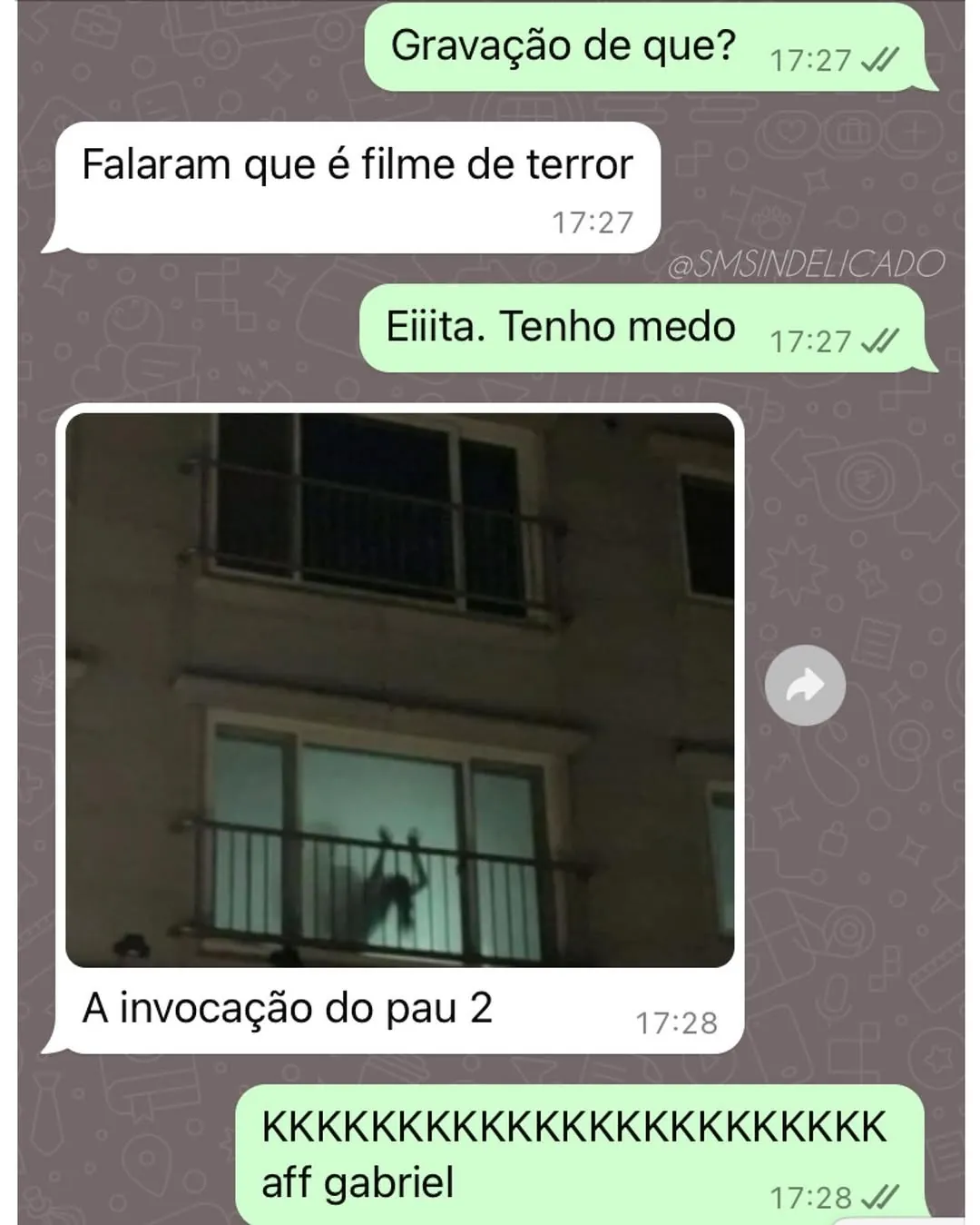 Print de conversa no WhatsApp sobre gravação de terror com imagem escura e legenda invocação do pau 2, meme.
