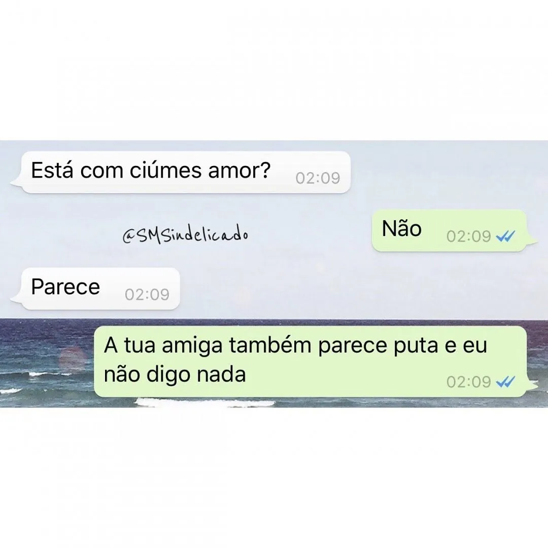 Meme de conversa no WhatsApp com resposta debochada sobre ciúmes e indireta sobre a amiga do parceiro.
