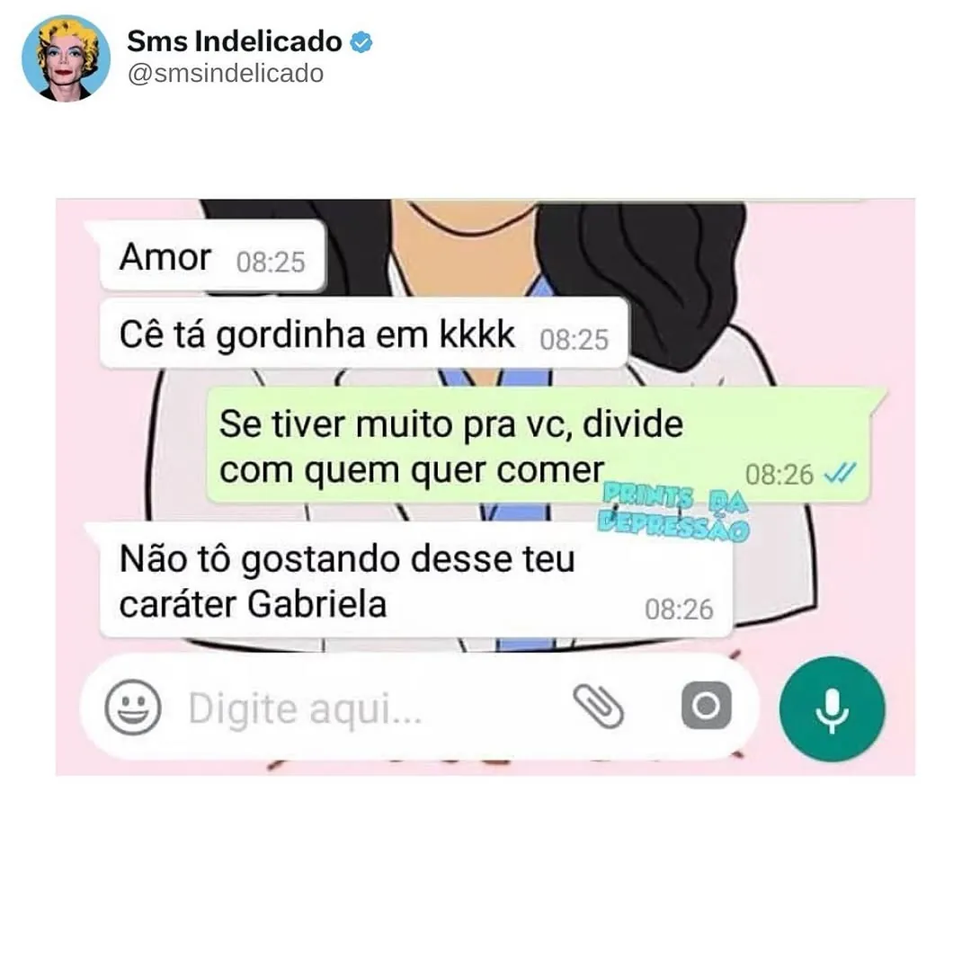 Meme de conversa no WhatsApp com resposta para quem chama uma mulher de gordinha