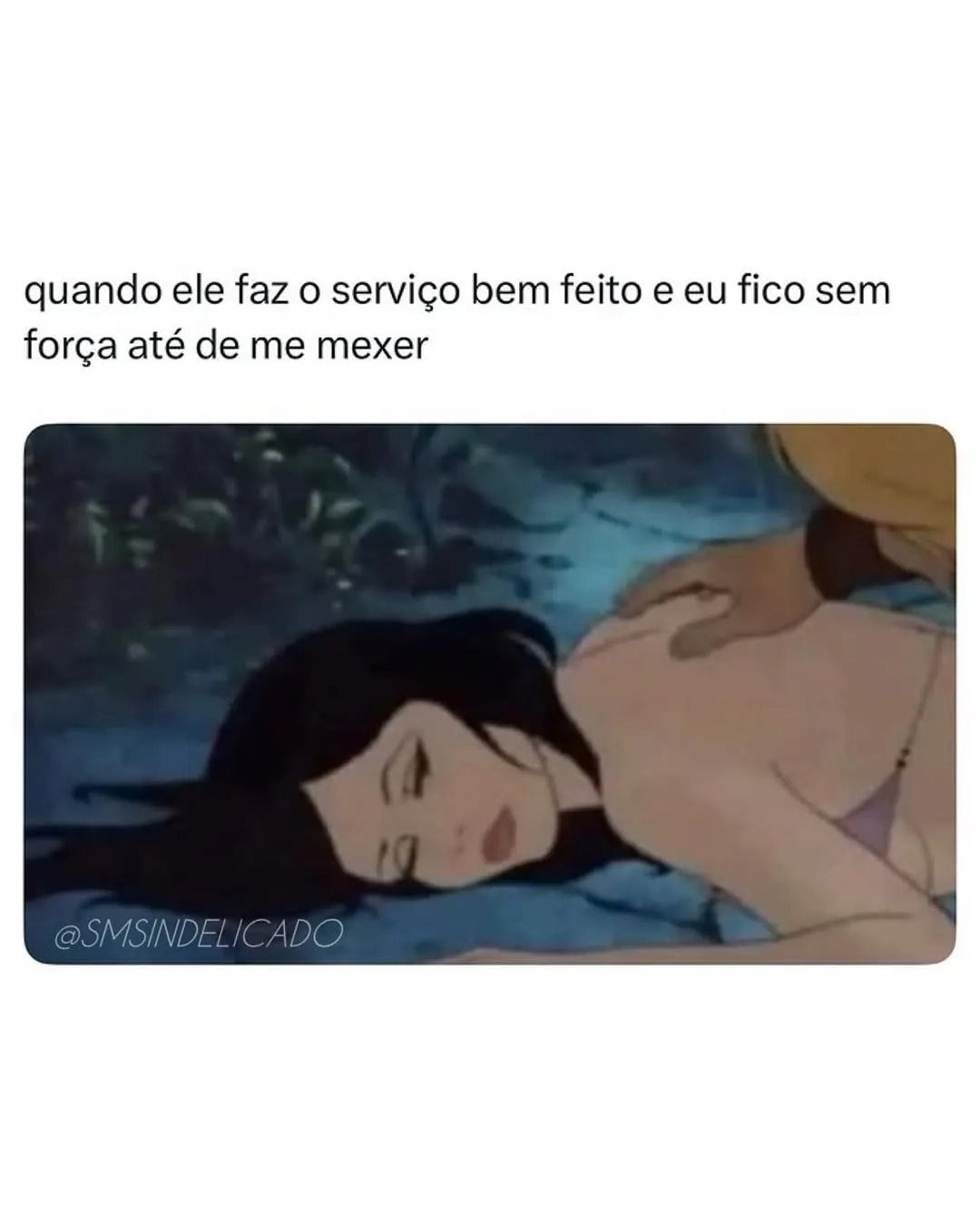 Meme de mulher deitada e exausta após ele fazer o serviço bem feito, sem forças para se mexer.