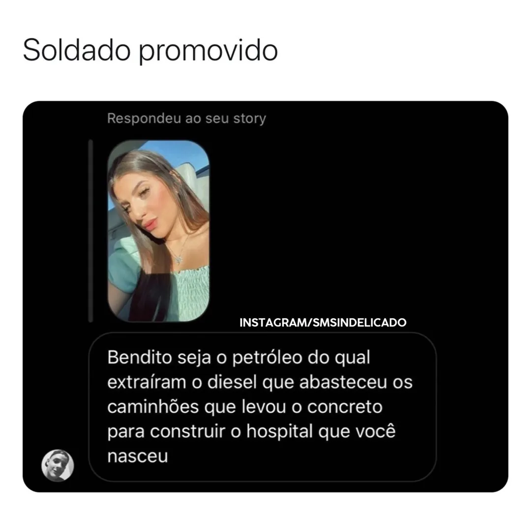 meme de soldado promovido com resposta de story no instagram e texto exagerado em fundo preto