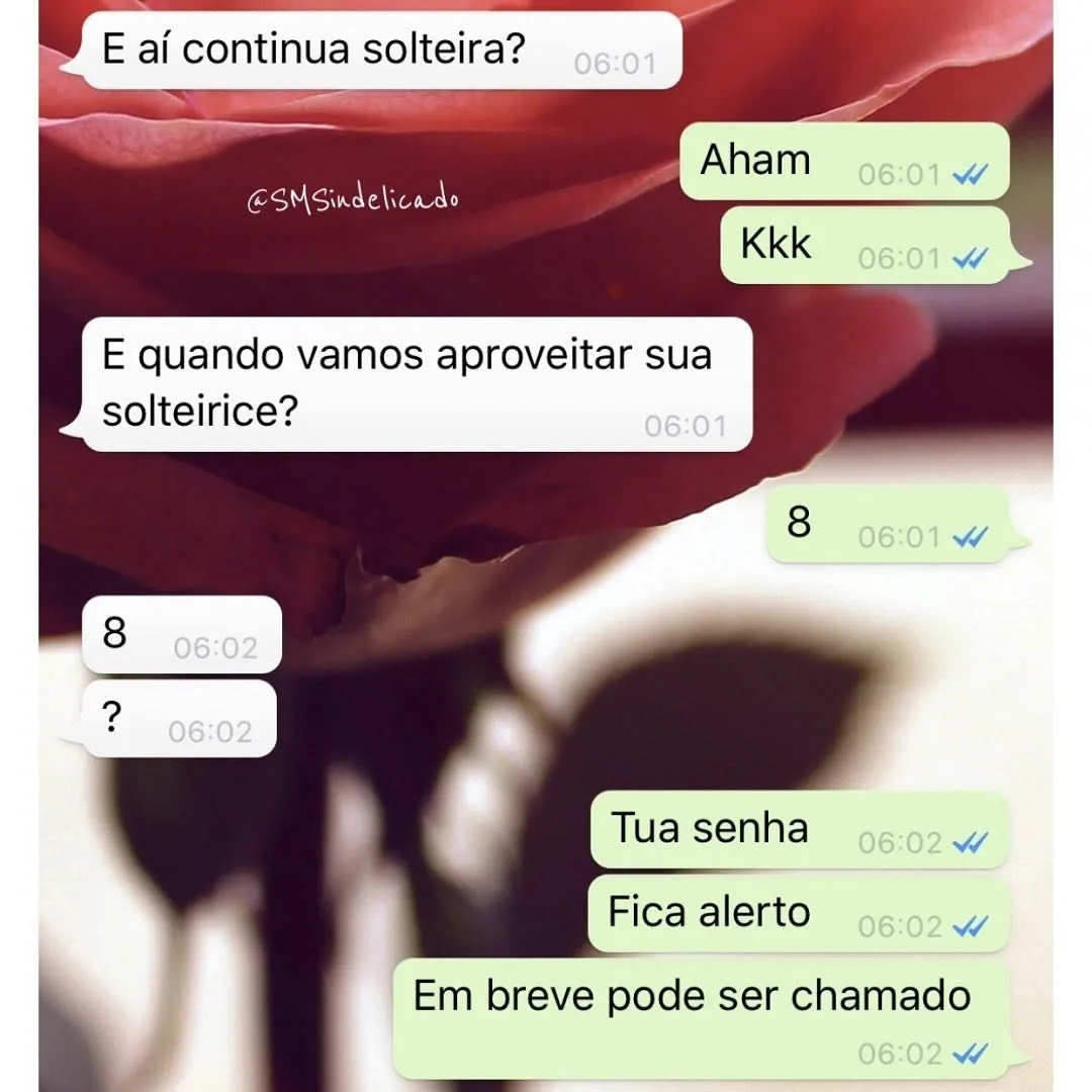 Meme de conversa no WhatsApp em que uma solteira responde 8 e diz que o pretendente está na fila.