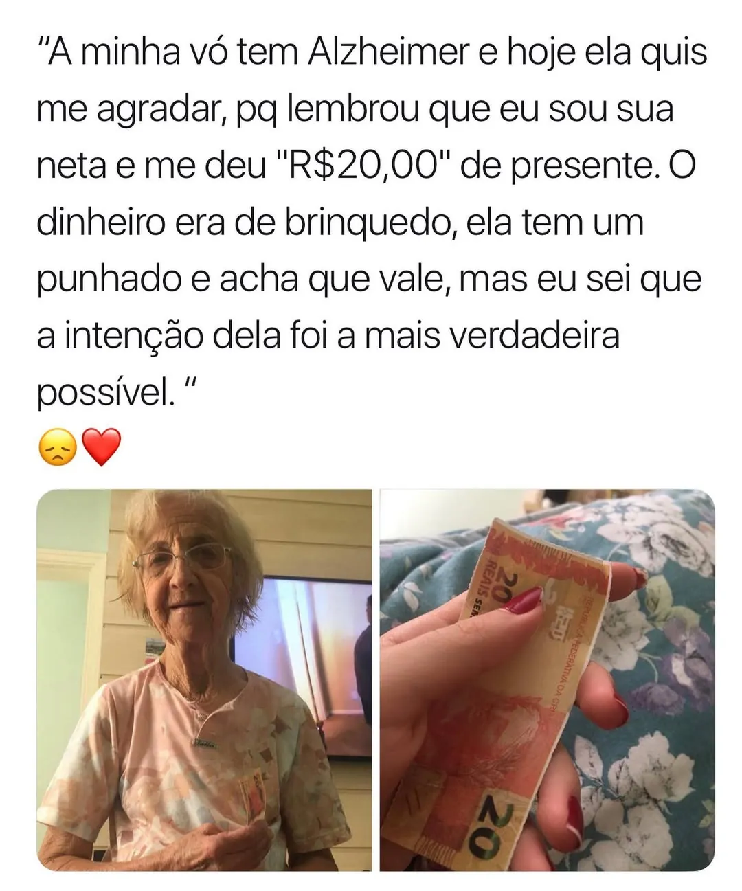 Meme de avó com Alzheimer segurando dinheiro de brinquedo dado como presente para a neta