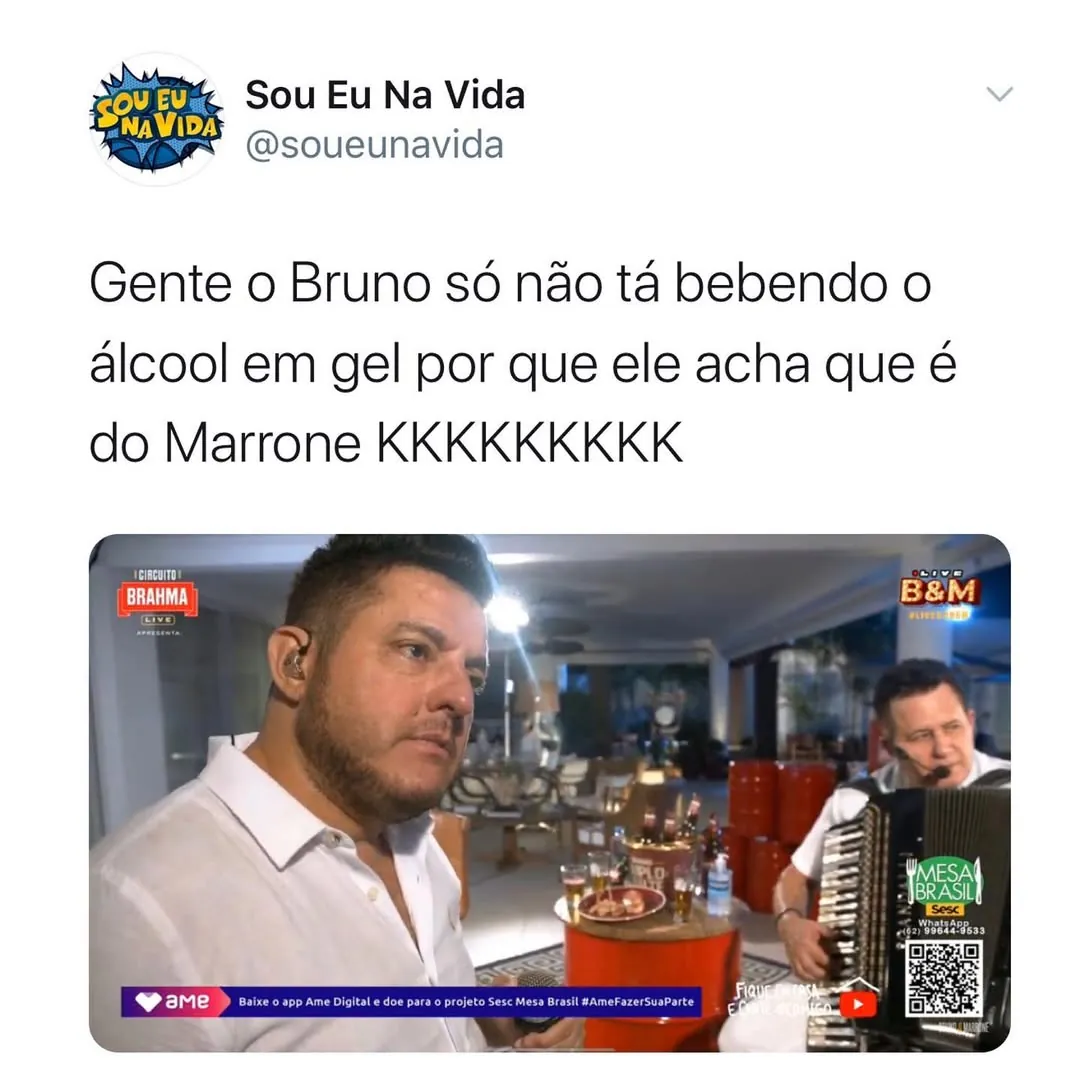 Meme de Bruno olhando sério para a câmera com a frase sobre não beber álcool em gel do Marrone.
