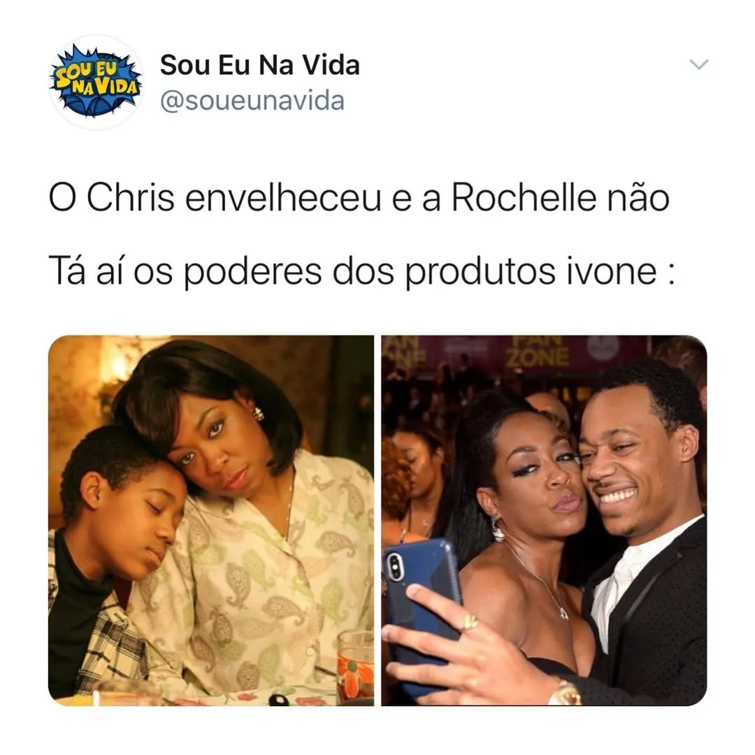 Meme de Chris envelheceu e Rochelle não, com duas fotos comparando os atores de Todo Mundo Odeia o Chris.