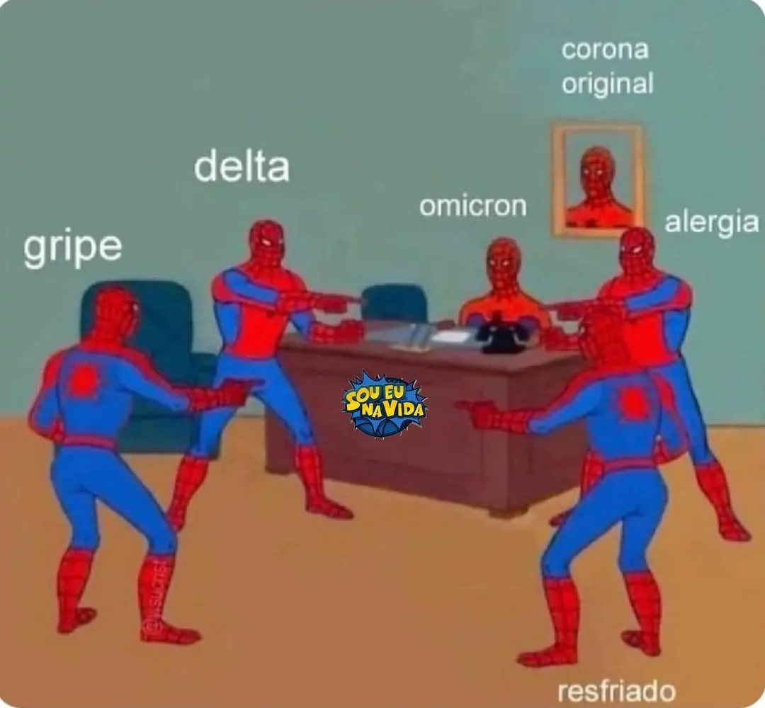 Meme de vários homens-aranha com rótulos gripe, delta, omicron, corona, alergia e resfriado em uma sala.