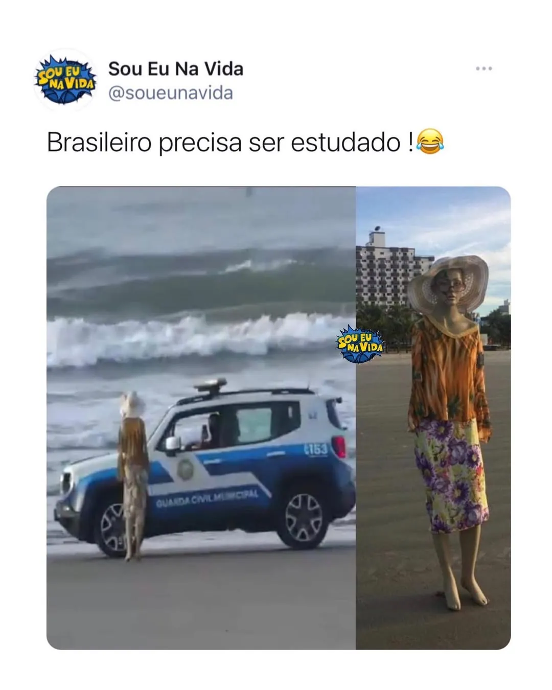 Meme de guarda municipal parando um manequim diante de uma viatura na praia