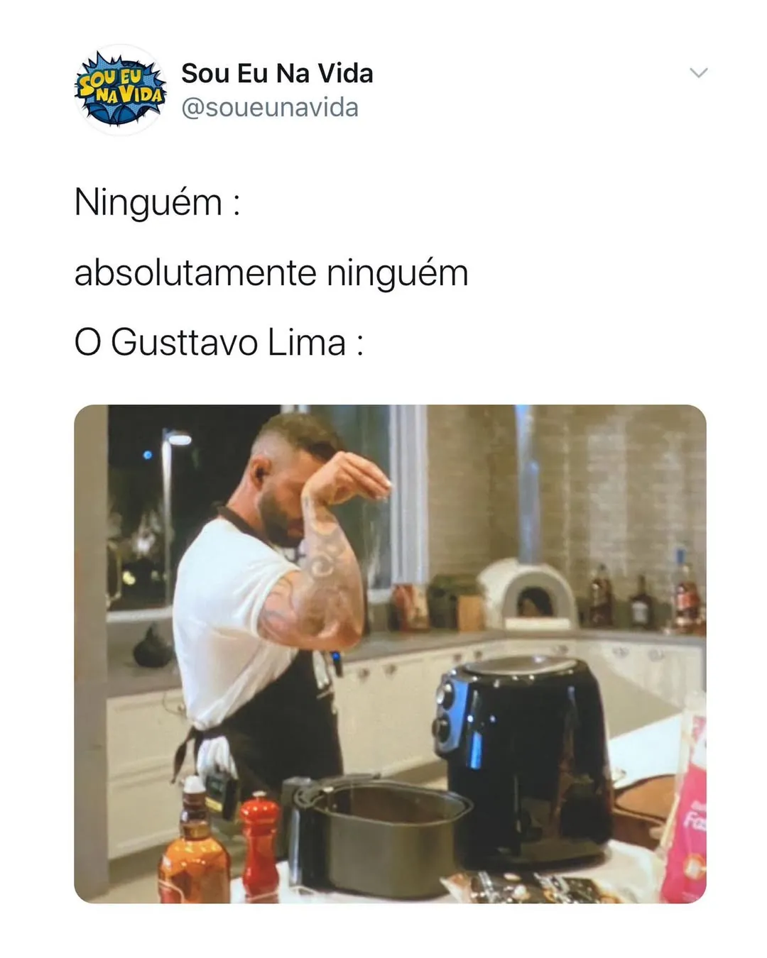 Meme de Gusttavo Lima cozinhando na cozinha diante de uma air fryer e vários utensílios.