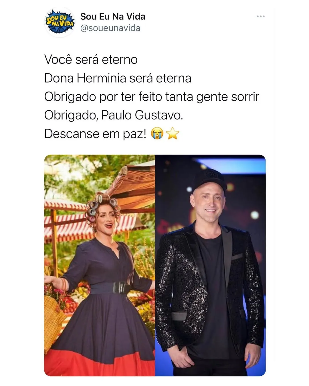 Meme de homenagem a Paulo Gustavo e Dona Hermínia com fotos dos dois e mensagem de despedida.