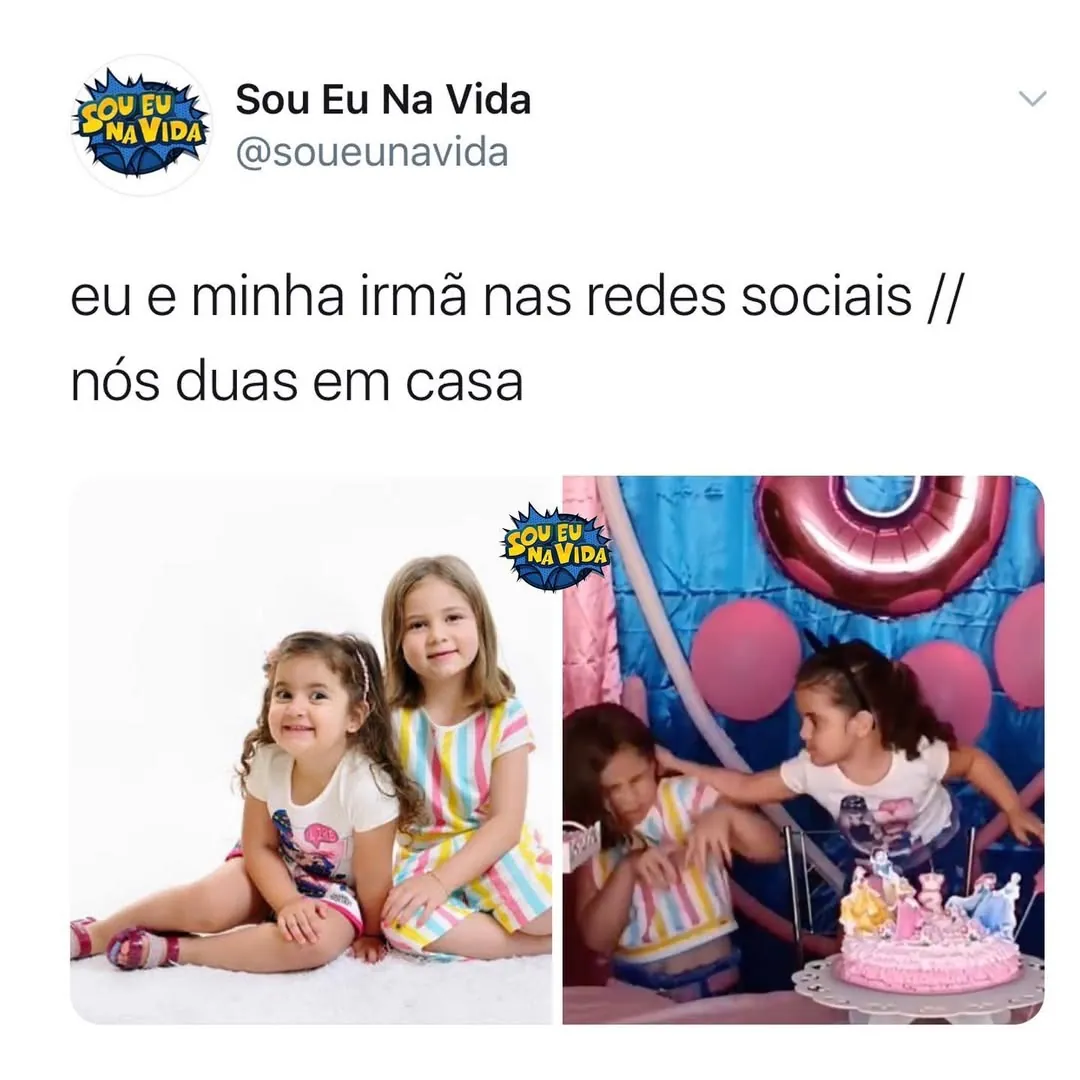 meme de irmã nas redes sociais e em casa com duas meninas posando e depois brigando em uma festa