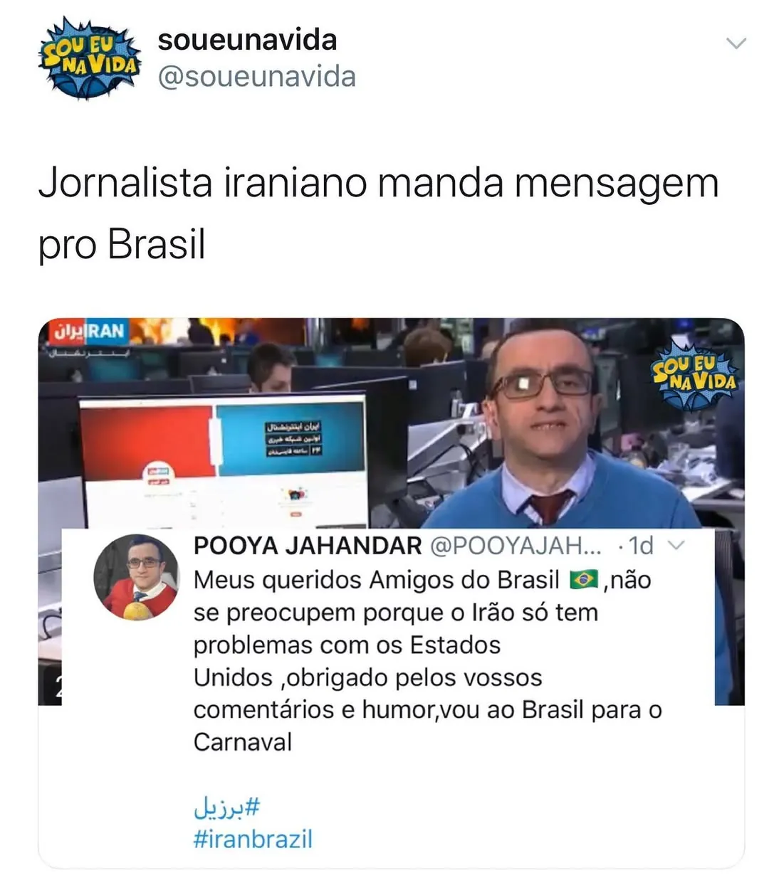 Meme de jornalista iraniano mandando mensagem para o Brasil e dizendo que virá ao Carnaval.