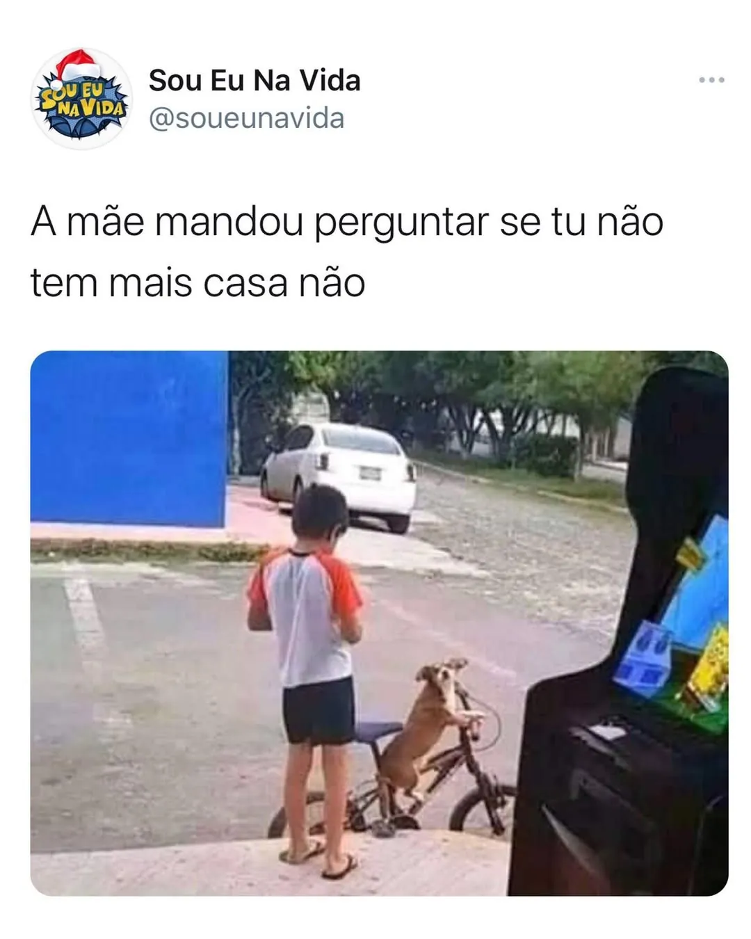 Meme de criança saindo de bicicleta com um cachorro após a mãe perguntar se não tem mais casa