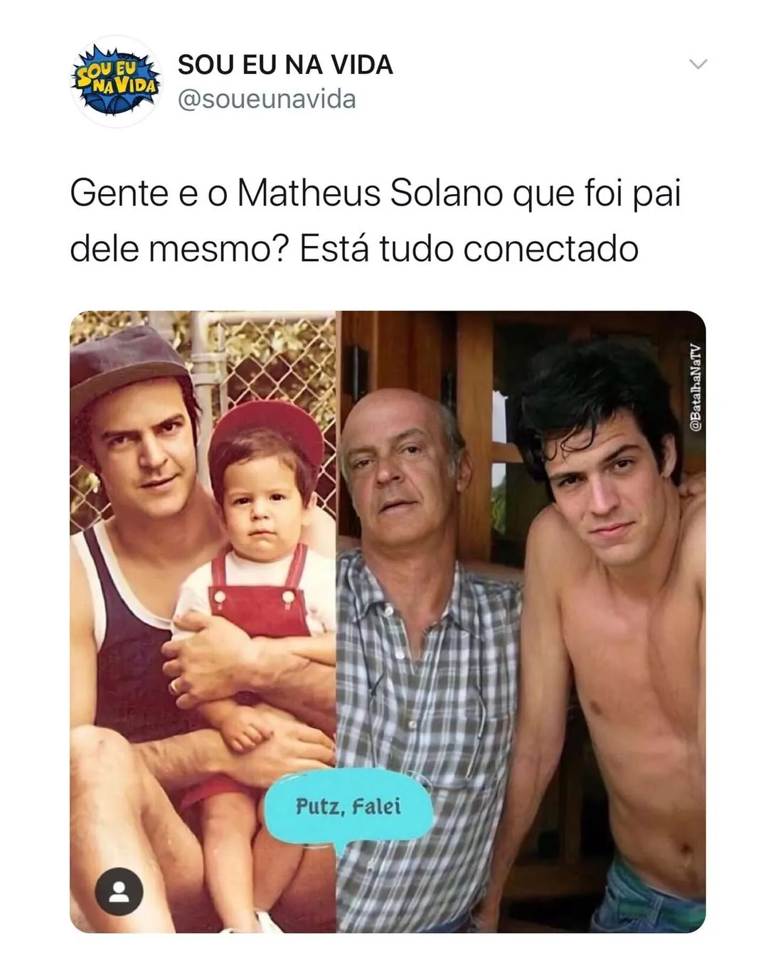 meme de confusão com Matheus Solano pai conectado, mostrando três fotos lado a lado e balão com texto